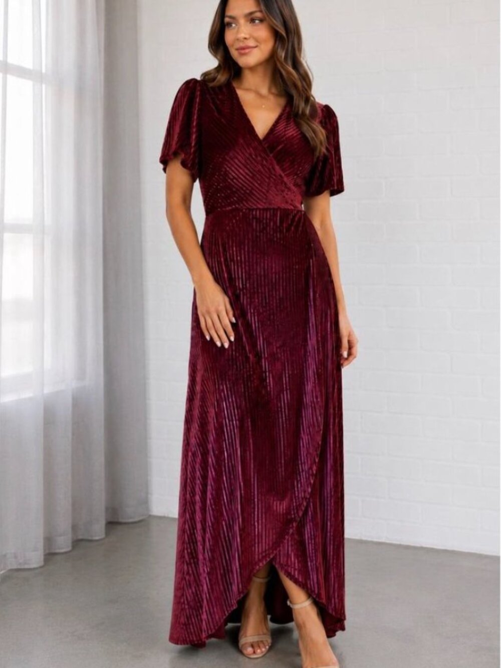 Baltic Born Pleated Velvet Wrap Maxi Dress Burgundy Sz XXL